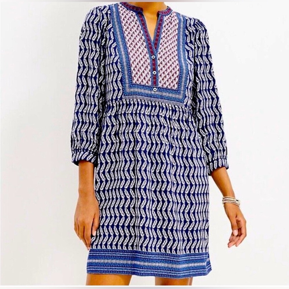 NWOT Loft Women's Boho Leaf Print Puff Sleeves Vneck Tunic Dress Size Medium